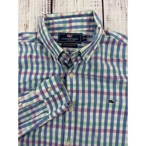 Vineyard Vines Men's Checkered Blue Pink Button Down Slim Fit Medium Long Sleeve